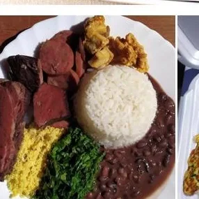 Prato com feijoada, arroz, couve e farofa